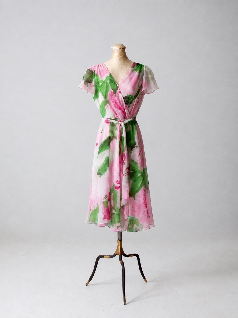 DKNY Pink and Green Floral Wrap Midi Dress